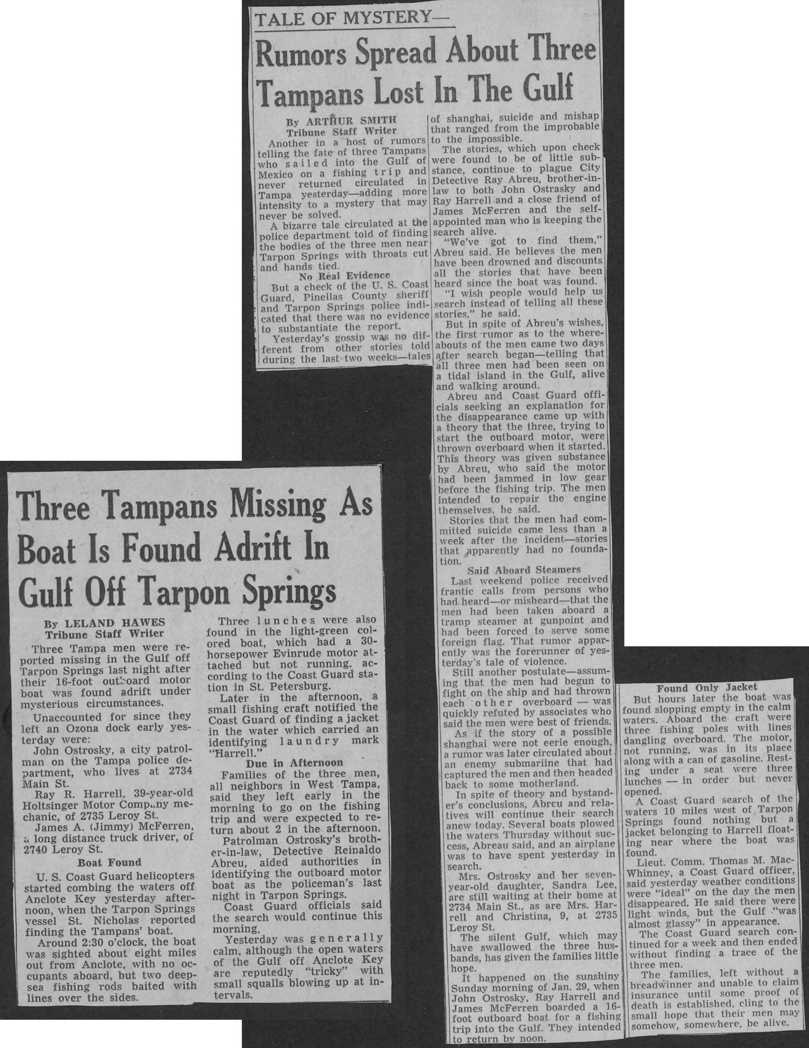 Scan of clipping 1: Three Tampans Missing As Boat Is Found Adrift In Gulf Off Tarpon Springs