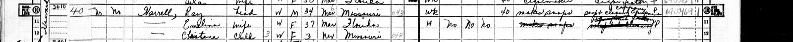 1950 census lines: Harrell Ray head 34 Missouri; Emilina wife 37 Florida; Christena child 3 Missouri