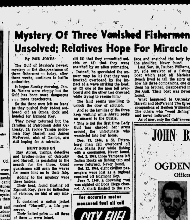 St. Petersburg Times, February 13, 1956, Mystery Of Three Vanished Fishermen Unsolved
