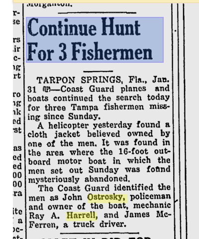 Continue Hunt For 3 Fishermen, datelined Tarpon Springs, January 31